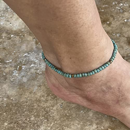 Turquoise Blue Beaded Surfer Anklet for Men and Women, Casual Beach Jewelry on Hand Spun Rope Cord Handmade by Beach Soul (Anklet)