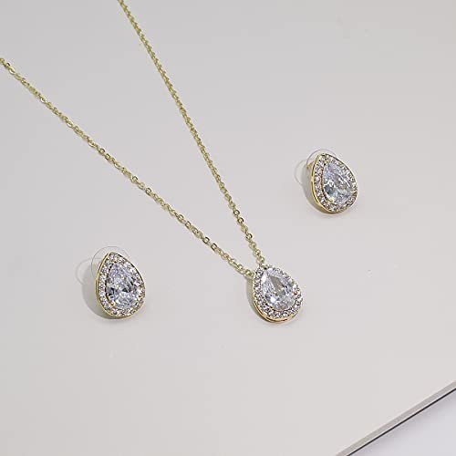 UDYLGOON CZ Tearsdrop Earrings Necklace Jewelry Set For Bride Bridesmaids Bridal Wedding Party Prom