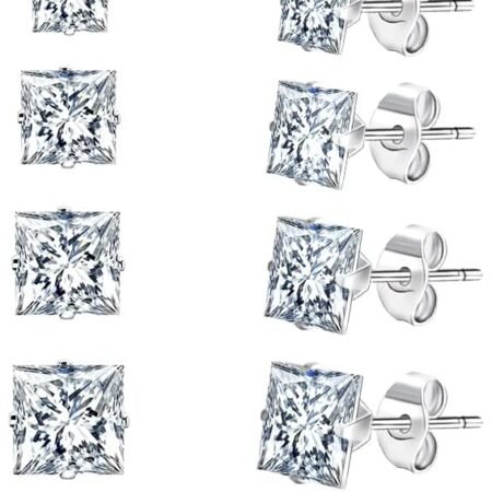 UHIBROS 18K White Gold Plated Square Cubic Zirconia Studs Hypoallergenic Mens Earrings, Stainless Steel Stud Earrings Set for Men 6 Pairs