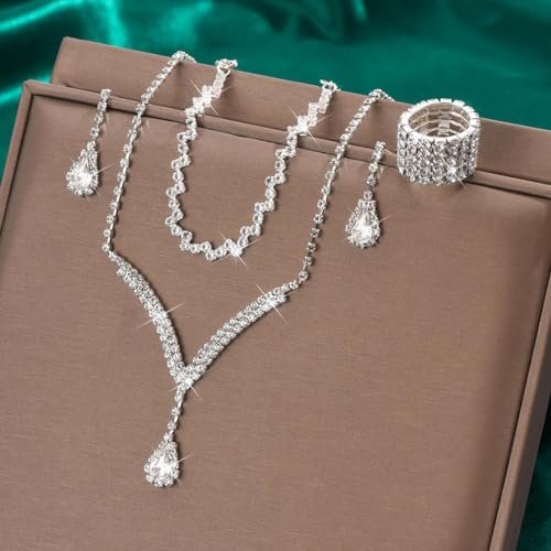 Unicra Bridal Wedding Jewelry Set Silver Rhinestone Necklace Earrings Sets Formal Costume Jewelry for Women and Brides