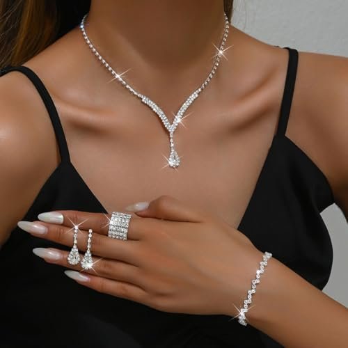 Unicra Bridal Wedding Jewelry Set Silver Rhinestone Necklace Earrings Sets Formal Costume Jewelry for Women and Brides