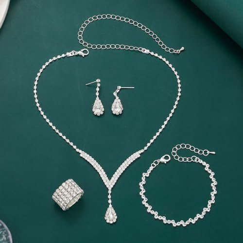 Unicra Bridal Wedding Jewelry Set Silver Rhinestone Necklace Earrings Sets Formal Costume Jewelry for Women and Brides