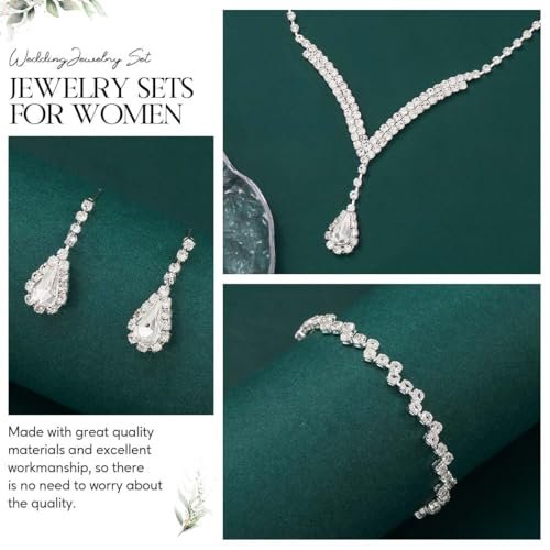 Unicra Bridal Wedding Jewelry Set Silver Rhinestone Necklace Earrings Sets Formal Costume Jewelry for Women and Brides