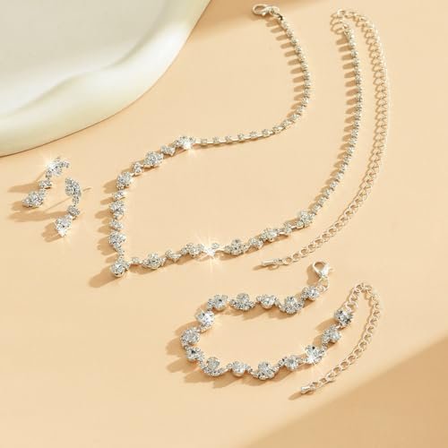 Unicra Bride Crystal Necklace Earrings Set Bridal Wedding Jewelry Sets Rhinestone Choker Necklace Costume Jewelry Set for Women and Brides (3 piece set - 2 earrings and 1 necklace)