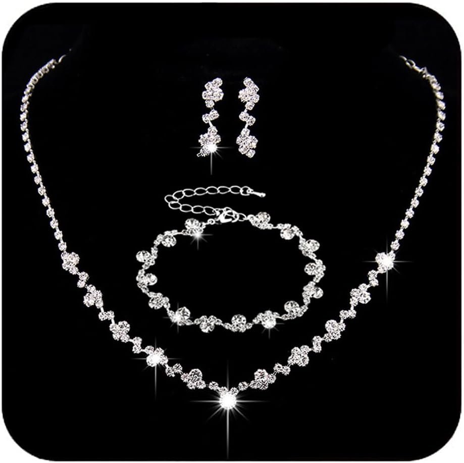 Unicra Bride Crystal Necklace Earrings Set Bridal Wedding Jewelry Sets Rhinestone Choker Necklace Costume Jewelry Set for Women and Brides (3 piece set - 2 earrings and 1 necklace)