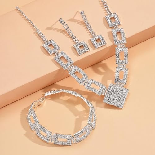 Unicra Crystal Bridal Wedding Jewelry Set Silver Rhinestone Necklace Earrings Bracelet Sets Formal Costume Jewelry for Women and Brides