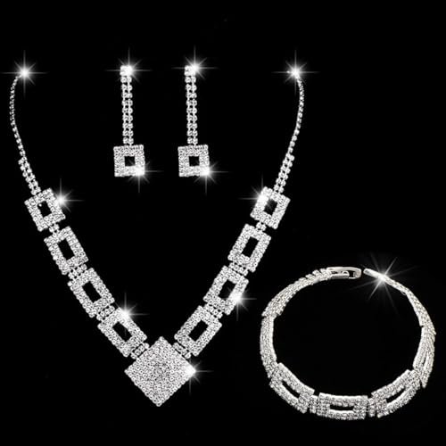 Unicra Crystal Bridal Wedding Jewelry Set Silver Rhinestone Necklace Earrings Bracelet Sets Formal Costume Jewelry for Women and Brides