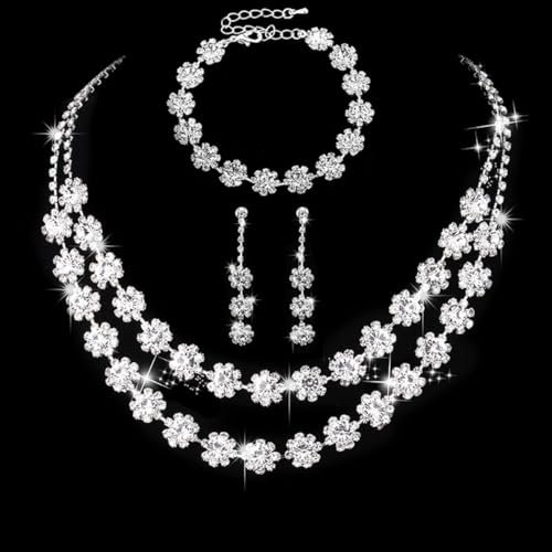 Unicra Rhinestone Bridal Wedding Jewelry Set Silver Crystal Necklace Earrings Bracelet Sets Formal Costume Jewelry for Women and Brides