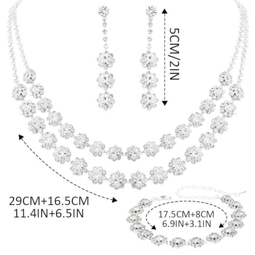 Unicra Rhinestone Bridal Wedding Jewelry Set Silver Crystal Necklace Earrings Bracelet Sets Formal Costume Jewelry for Women and Brides