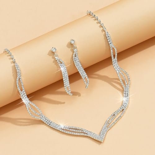 Unicra Wedding Jewelry Set Silver Rhinestone Necklace Earrings Set Prom Party Jewelry sets for Brides and Women