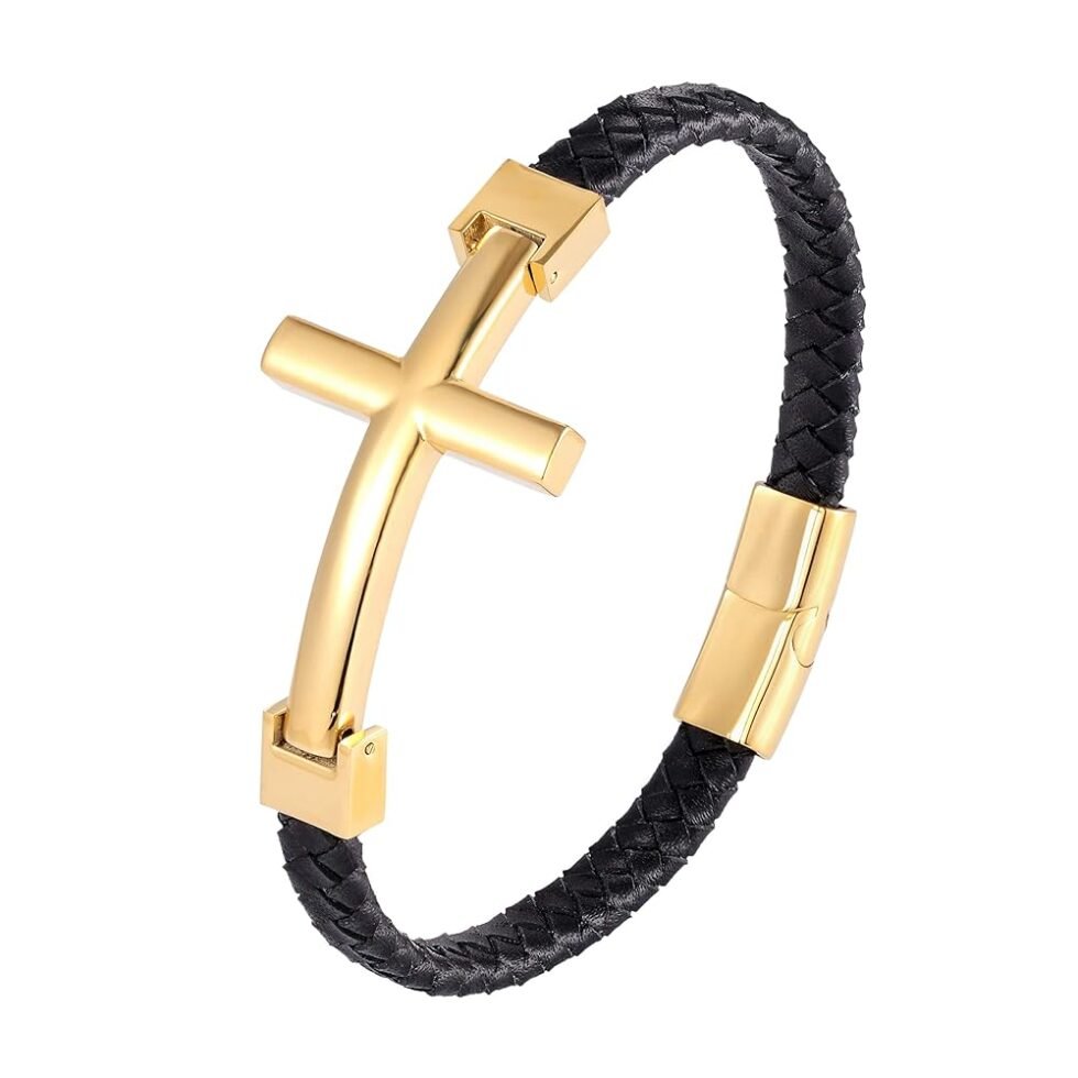 Urban Jewelry Trendy Men’s Cross Bracelet – Lord’s Cross in a Luminous Silver or Gold Finish – Rust & Discoloration Resistant Stainless Steel Charm – Black Genuine Leather Rope...