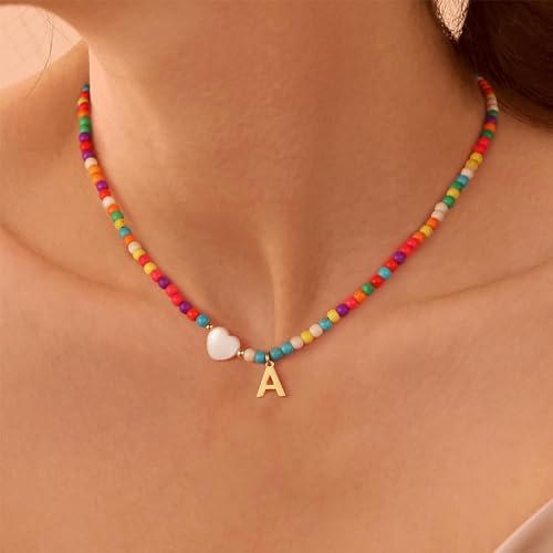 Ursteel Colorful Initial Cute Necklaces for Girls - Trendy Beaded Choker Necklace for Women Teen Girl, Handmade Letter Choker Necklace Jewelry for Women Girls Gifts