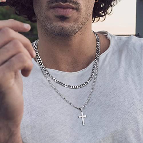 Ursteel Layered Cross Necklace for Men - 18K Gold Silver Black Stainless Steel Mens Cross Necklaces Cross Chain, Layered Rope Chain Cross Necklace for Men 16 18 20 22 24 Inch...