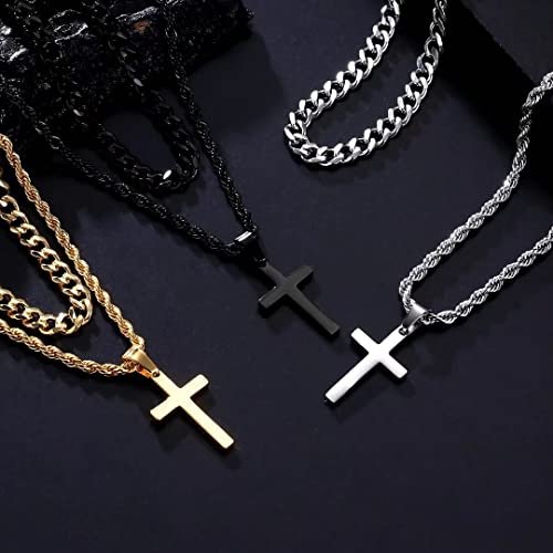 Ursteel Layered Cross Necklace for Men - 18K Gold Silver Black Stainless Steel Mens Cross Necklaces Cross Chain, Layered Rope Chain Cross Necklace for Men 16 18 20 22 24 Inch...