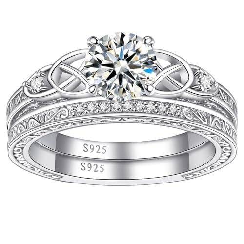 Vintage Celtic Knot Women's Engagement Ring Sets 925 Sterling Silver/14K Gold Plated Stackable Wedding Bands Rings Cubic Zirconia Women Bridal Sets Wedding Ring Band Width 1.8mm...