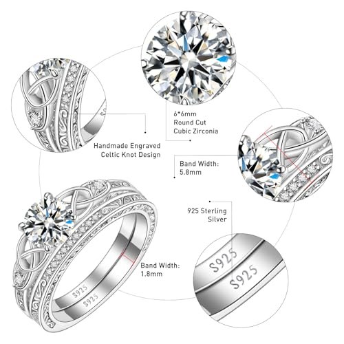 Vintage Celtic Knot Women's Engagement Ring Sets 925 Sterling Silver/14K Gold Plated Stackable Wedding Bands Rings Cubic Zirconia Women Bridal Sets Wedding Ring Band Width 1.8mm...