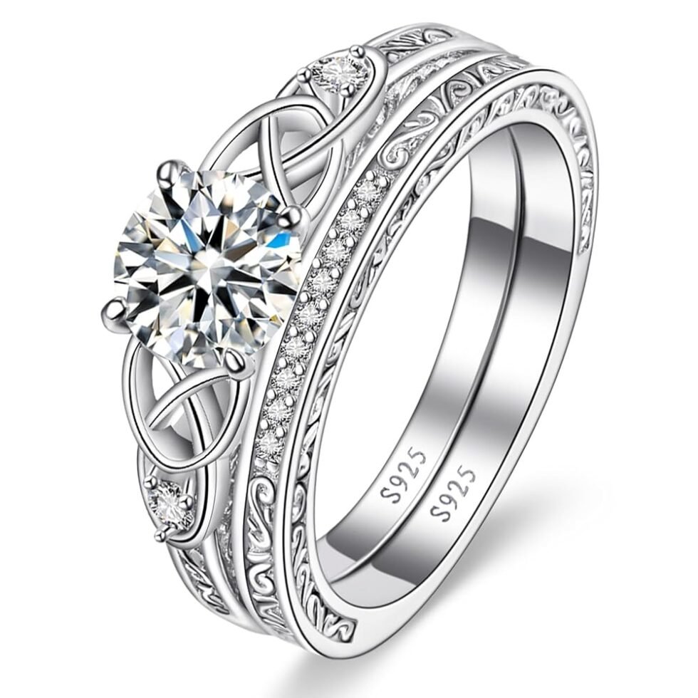 Vintage Celtic Knot Women's Engagement Ring Sets 925 Sterling Silver/14K Gold Plated Stackable Wedding Bands Rings Cubic Zirconia Women Bridal Sets Wedding Ring Band Width 1.8mm...