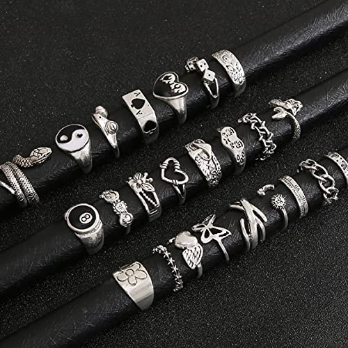 Vintage Silver Open Punk Rings for Men Women, 24PCS Adjustable Rings, Alt Rings, Chunky Silver Rings, Bulky Rings, Hippie Rings ,Cool Gothic Ring,Statement Stacking Ring, Skull...