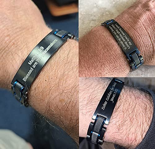 VNOX Custom Personalized Elegant Stainless Steel Two-Tone Blue&Black Link Bracelet for Men Husband Dad Son Gift,8.2"/8.6"