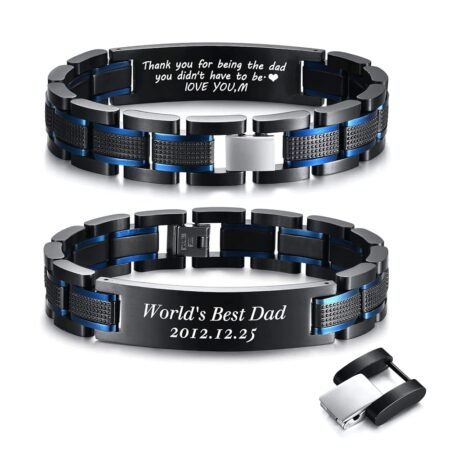 VNOX Custom Personalized Elegant Stainless Steel Two-Tone Blue&Black Link Bracelet for Men Husband Dad Son Gift,8.2"/8.6"