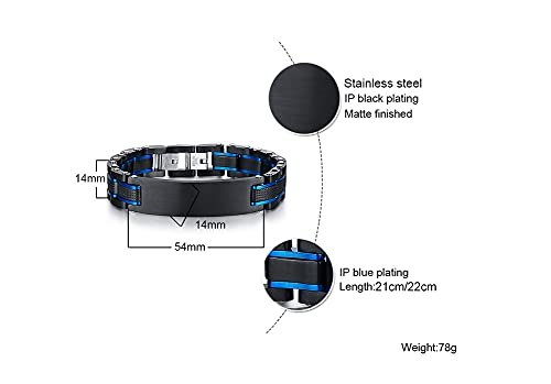 VNOX Custom Personalized Elegant Stainless Steel Two-Tone Blue&Black Link Bracelet for Men Husband Dad Son Gift,8.2"/8.6"