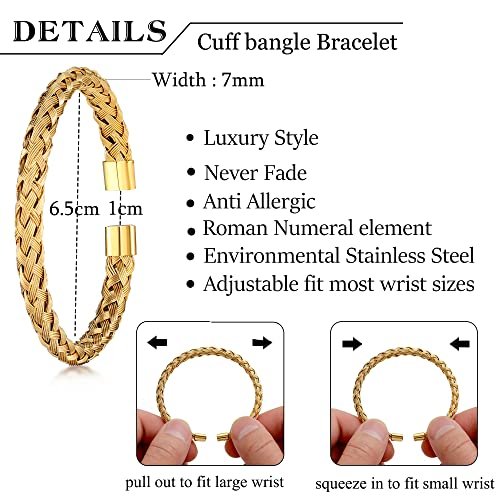 WFYOU 3PCS Stainless Steel Bracelets for Men Gold Roman Numeral Bangle Bracelet Twisted Cable Bracelet Adjustable Cuff Bracelet Mens Luxury Jewelry Bracelets Gifts