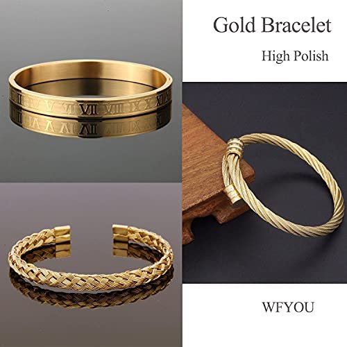WFYOU 3PCS Stainless Steel Bracelets for Men Gold Roman Numeral Bangle Bracelet Twisted Cable Bracelet Adjustable Cuff Bracelet Mens Luxury Jewelry Bracelets Gifts