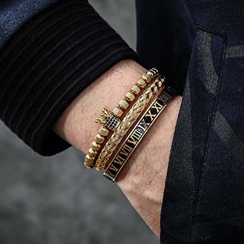 WFYOU 3PCS Stainless Steel Imperial Crown Bracelets for Men Gold Roman Numeral Bangle Bracelet Adjustable Cuff Bracelet Mens Luxury Jewelry Gifts