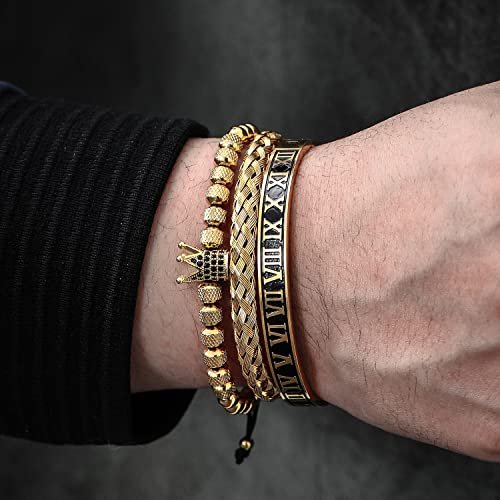 WFYOU 3PCS Stainless Steel Imperial Crown Bracelets for Men Gold Roman Numeral Bangle Bracelet Adjustable Cuff Bracelet Mens Luxury Jewelry Gifts