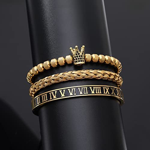 WFYOU 3PCS Stainless Steel Imperial Crown Bracelets for Men Gold Roman Numeral Bangle Bracelet Adjustable Cuff Bracelet Mens Luxury Jewelry Gifts