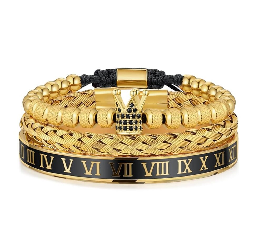 WFYOU 3PCS Stainless Steel Imperial Crown Bracelets for Men Gold Roman Numeral Bangle Bracelet Adjustable Cuff Bracelet Mens Luxury Jewelry Gifts