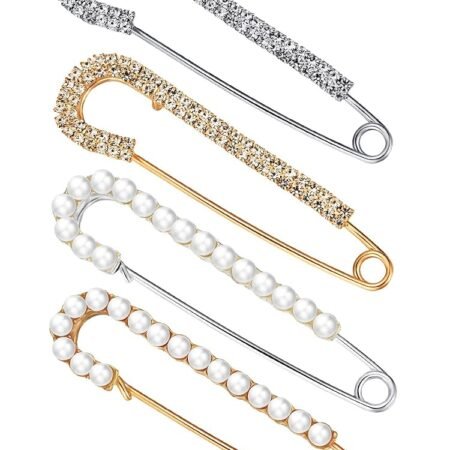 Women Brooch Pins Sweater Shawl Clips Faux Crystal Pearl Brooches Safety Pins Dress Shirt Clips for Women Gold Silver (4 Pieces)