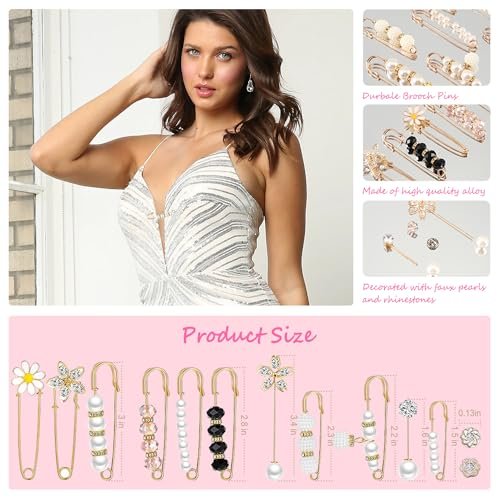 Women Pearl Brooch Pins with Pink Storage Case, Sweater Shawl Clips, Faux Pearl Brooches, Collar Safety Pin, Waist Tightener Safety Pins for Women Girls Clothing Dresses...