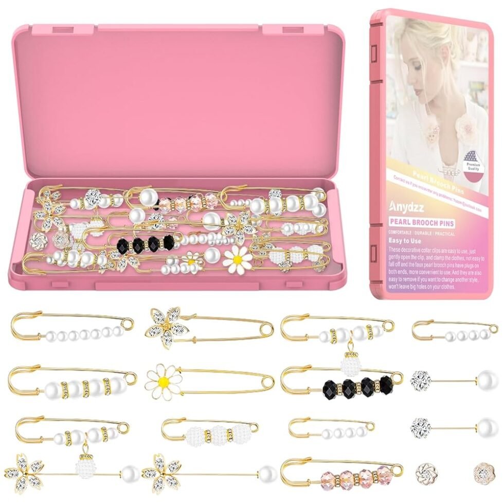 Women Pearl Brooch Pins with Pink Storage Case, Sweater Shawl Clips, Faux Pearl Brooches, Collar Safety Pin, Waist Tightener Safety Pins for Women Girls Clothing Dresses...