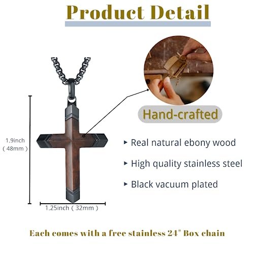Wooden Cross Necklace for Men, Real Ebony Inset In Black Stainless Steel Christian Wood Crucifix Pendant, Includes Necklace 24" Box Chain