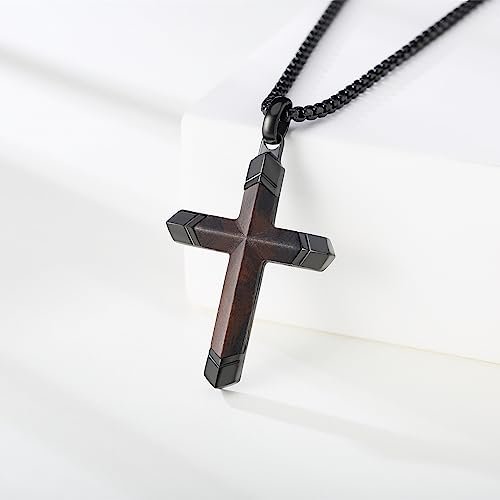 Wooden Cross Necklace for Men, Real Ebony Inset In Black Stainless Steel Christian Wood Crucifix Pendant, Includes Necklace 24" Box Chain