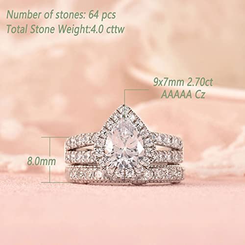 Wuziwen 4 Carats Wedding Engagement Ring Set for Women 925 Sterling Silver Cubic Zirconia Size 4-13