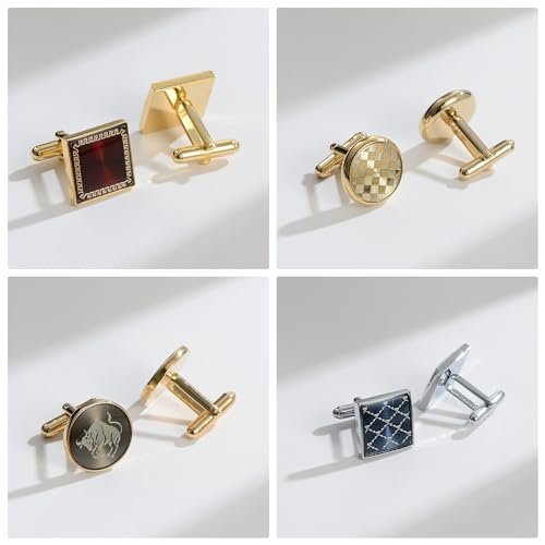 Wynameleri Cufflink 12 Pairs, Classic Fashion Men's Cuff Links Silver-tone Gold-tone Black for Business Wedding Party Gift Box