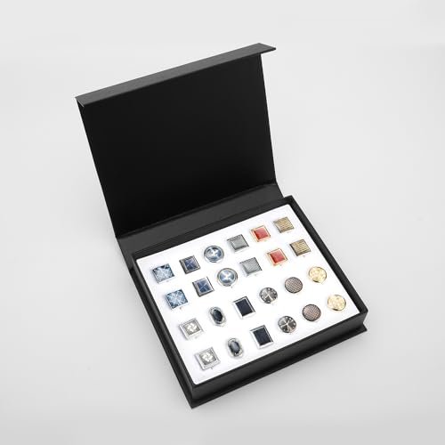 Wynameleri Cufflink 12 Pairs, Classic Fashion Men's Cuff Links Silver-tone Gold-tone Black for Business Wedding Party Gift Box