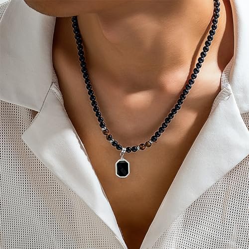 YANCHUN Necklace for Men Jewelry Puka Shell Necklace Men Beaded Black Necklace Gift Holiday Beach Surfer Necklaces Christmas Gifts Stocking Stuffers for Men