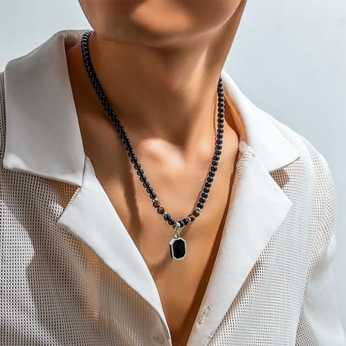 YANCHUN Necklace for Men Jewelry Puka Shell Necklace Men Beaded Black Necklace Gift Holiday Beach Surfer Necklaces Christmas Gifts Stocking Stuffers for Men
