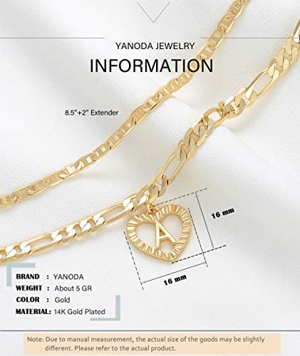 YANODA Initial Ankle Bracelets for Women 14K Gold Plated Layered Figaro Chain Letter Initial Anklets Handmade Layered Heart Ankle Bracelets Personalized Jewelry for Women
