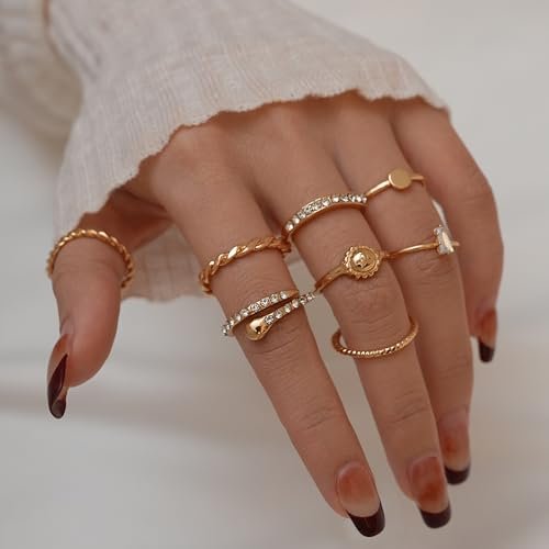 YEEZII 68 Pcs Gold Knuckle Rings Set for Women, Stackable Rings Boho Joint Finger Midi Rings Silver Hollow Carved Crystal Stacking Rings Pack for Gift