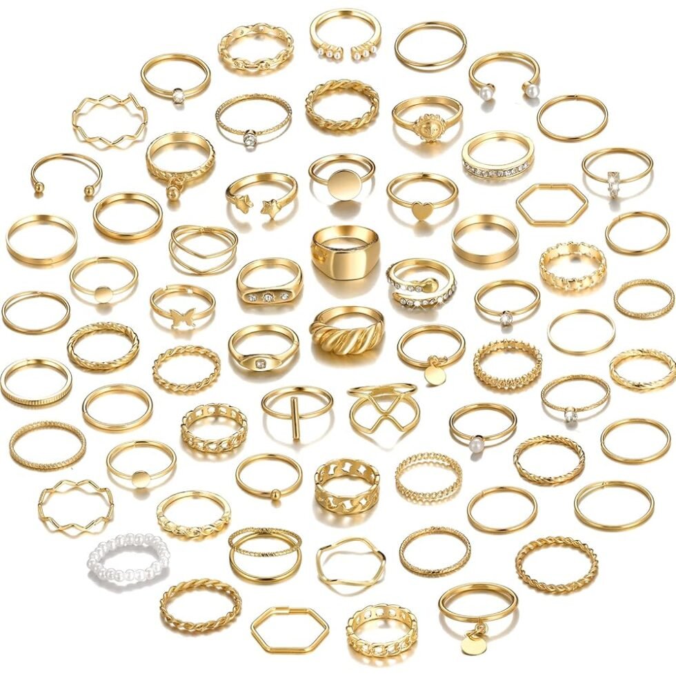 YEEZII 68 Pcs Gold Knuckle Rings Set for Women, Stackable Rings Boho Joint Finger Midi Rings Silver Hollow Carved Crystal Stacking Rings Pack for Gift