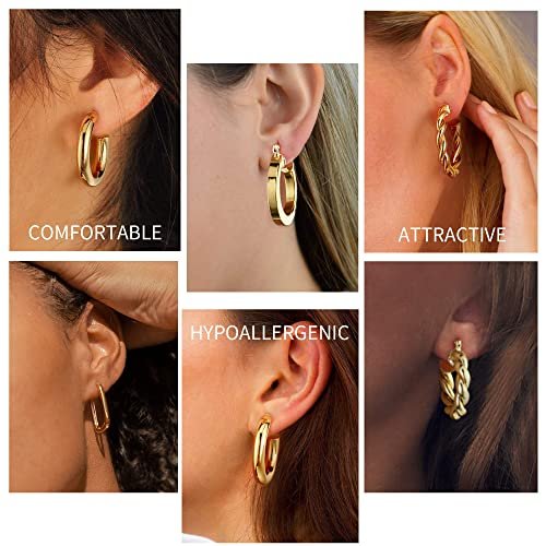 Yesteel 9 Pairs Gold Hoop Earrings for Women, 925 Sterling Silver Post 14K Real Gold Plated Chunky Hoop Earrings Set for Women Hypoallergenic Thick Lightweight Hoop Earrings for...