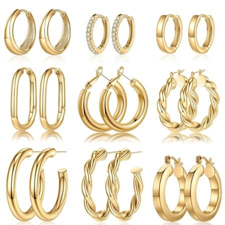 Yesteel 9 Pairs Gold Hoop Earrings for Women, 925 Sterling Silver Post 14K Real Gold Plated Chunky Hoop Earrings Set for Women Hypoallergenic Thick Lightweight Hoop Earrings for...