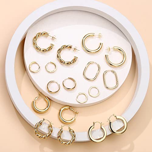 Yesteel 9 Pairs Gold Hoop Earrings for Women, 925 Sterling Silver Post 14K Real Gold Plated Chunky Hoop Earrings Set for Women Hypoallergenic Thick Lightweight Hoop Earrings for...