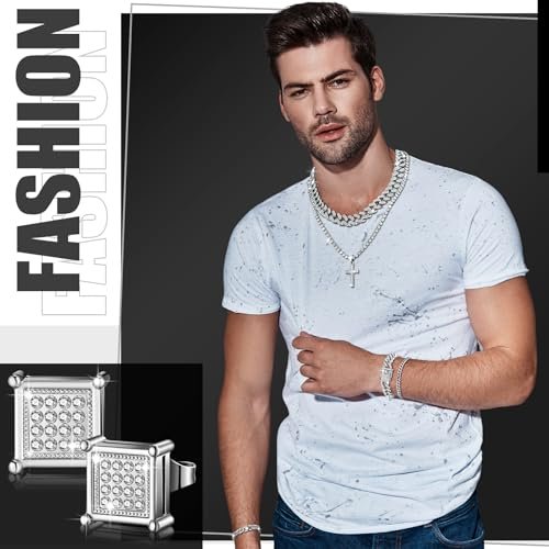 Yinkin 6 Pcs Hip Hop Jewelry Set for Men Rhinestone Link Chain Bracelet Earrings Tennis Diamond Jewelry Set for Men Gift