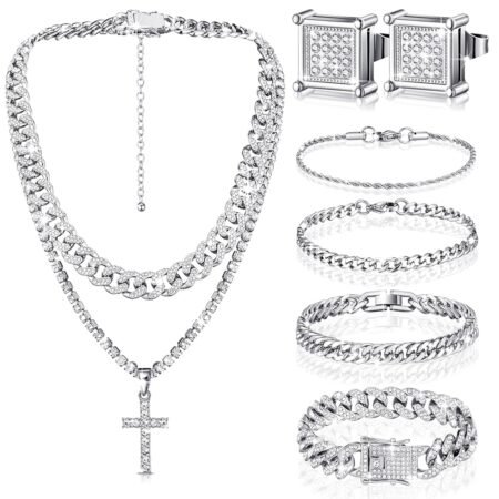 Yinkin 6 Pcs Hip Hop Jewelry Set for Men Rhinestone Link Chain Bracelet Earrings Tennis Diamond Jewelry Set for Men Gift