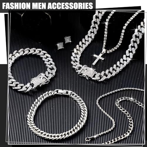 Yinkin 6 Pcs Hip Hop Jewelry Set for Men Rhinestone Link Chain Bracelet Earrings Tennis Diamond Jewelry Set for Men Gift